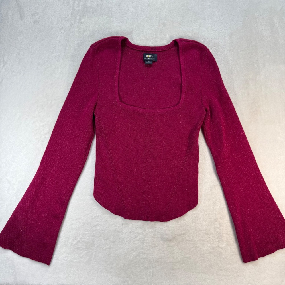 Maeve Anthropologie Top Bell Sleeve Square Neck Metallic Knit Blouse Small